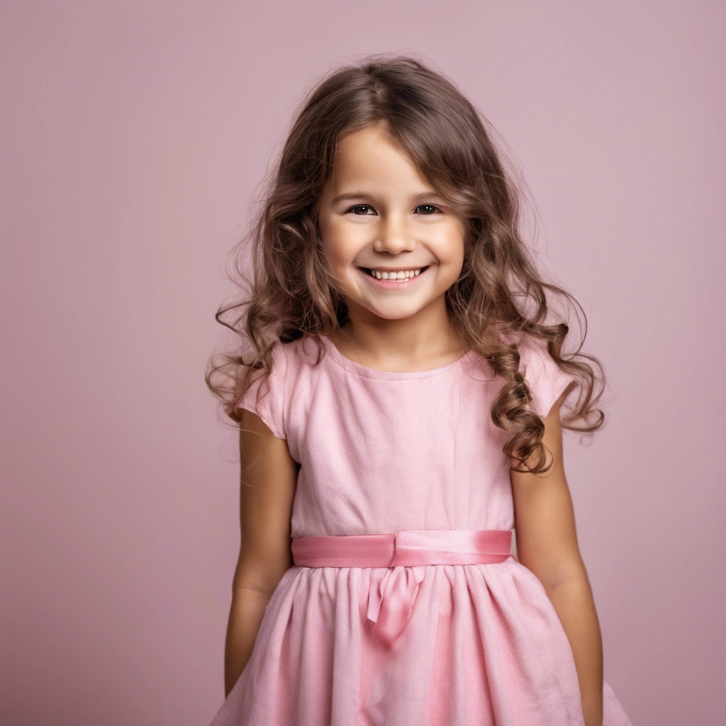 Portrait of a cute little girl smiling with a pink dress.