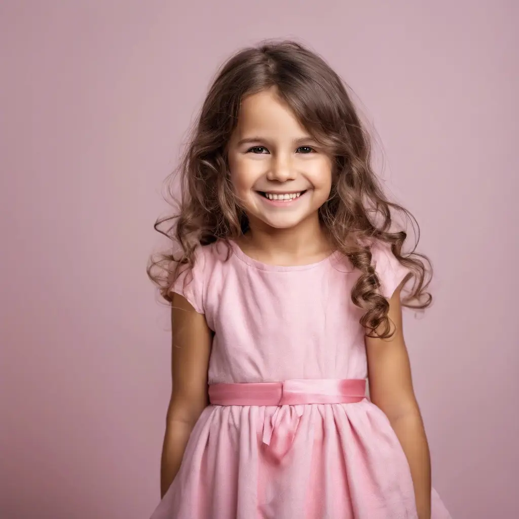 Portrait of a cute little girl smiling with a pink dress.